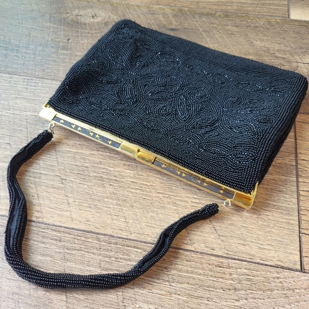 Walborg Vintage Black Bead Evening Bag Hand Made in Japan Gold Tone Frame Purse